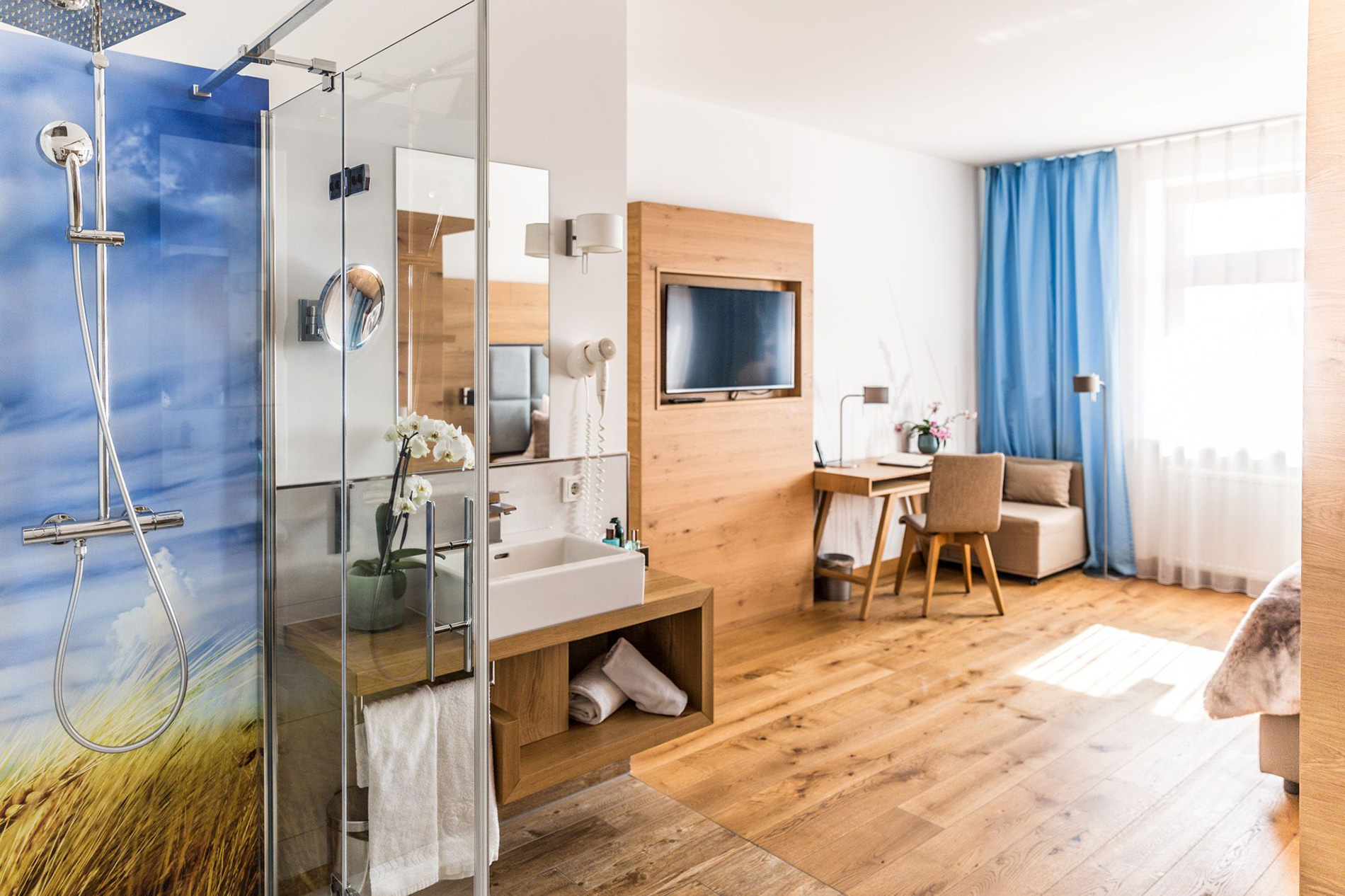 Badbereich und Fernseher im Doppelzimmer im Das Aunhamer